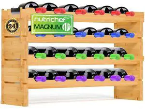 NutriChef 4-Tier Bamboo Stackable Wine Rack with 24 Bottle Capacity, Free-Standing Modular Display Shelves, Wobble-Free, Natural Finish - SLWMDMG90