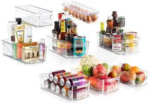 NutriChef 8-Piece Refrigerator Organizer Bins Set, 4 Wide & 4 Narrow Stackable Storage Containers for Fridge, Freezer, Kitchen Countertops, and Cabinets - NCFO88