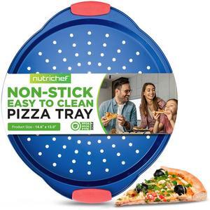 NutriChef Non-Stick Pizza Pan, Deluxe Blue Coating with Red Silicone Handles, Carbon Steel, 14.56'' x 12.99'' x 0.78'' - BKNCSBSBL8PIZZAP