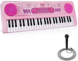 Pyle Portable Kids Piano Keyboard & Mic Kit, 49-Key Electronic Piano with Built-In Rechargeable Battery, Wired Microphone & Smart Teaching Function - PKBRD4912PK