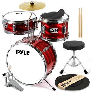 Pyle 3-Piece Kids/Junior Drum Set, 13'' Bass Drum, Snare, Tom, Cymbal, Throne, Pedal, Drumsticks  Metallic Shiny Red  PDRMKIT72RD