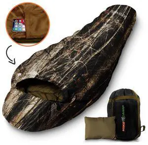 SereneLife Mummy Sleeping Bag + Travel Pillow with Compact Compression Sack, 4-Season Sleeping Bag for Adults & Kids, Lightweight, Warm, and Washable  Real Trees