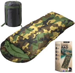 SereneLife Mummy Sleeping Bag + Travel Pillow with Compact Compression Sack, 4-Season Sleeping Bag for Adults & Kids, Lightweight, Warm, and Washable  Camouflage