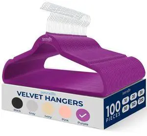 SereneLife 100-Pack Velvet Non-Slip Hangers with 360° Swivel Hook - Purple