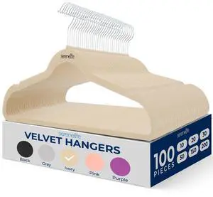 SereneLife 100-Pack Velvet Non-Slip Hangers with 360° Swivel Hook - Ivory