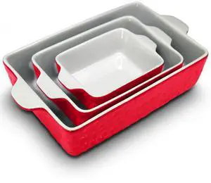 NutriChef 3-Piece Ceramic Bakeware Set, Non-Stick Hybrid Ceramic, Dishwasher Safe, Odor-Free, Red - NCCREX55