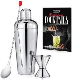NutriChef 3-Piece Bartender Set, Stainless Steel Cocktail Shaker, Bar Spoon, and Jigger, Polished Mirror Finish - NCCSPC33