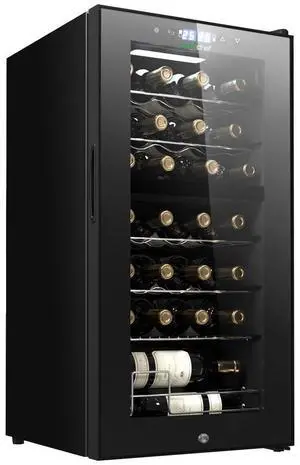 NutriChef 28-Bottle Wine Chilling Refrigerator Cellar, Dual-Zone Wine Cooler, Digital Touch Control, Adjustable Temperature, Free-Standing - PKCWCDS285
