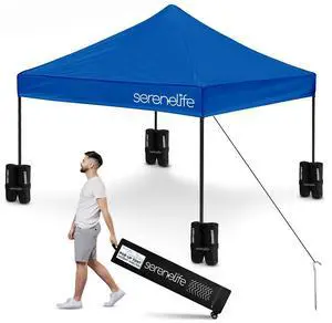 SereneLife 10x10 ft. Pop Up Tent, Commercial Instant Shelter, Waterproof Polyester, Portable with Wheeled Carry Bag & Sand Bags - SLGZ10BU (Navy Blue)
