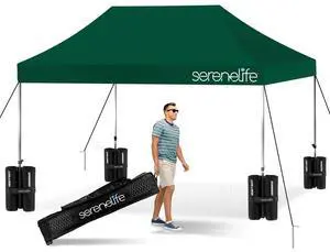 SereneLife 10x15 ft. Pop Up Canopy Tent, Commercial Instant Shelter, Waterproof Polyester, Portable with Wheeled Carry Bag & Sand Bags - SLGZ15FG (Forest Green)