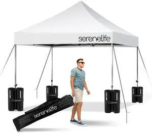 SereneLife 10x10 ft. Pop Up Canopy Tent, Commercial Instant Shelter, Waterproof Polyester, Portable with Wheeled Carry Bag & Sand Bags - SLGZ10W (White)