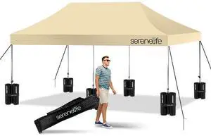 SereneLife 10x20 ft. Pop Up Canopy Tent, Commercial Instant Shelter, Waterproof Polyester, Portable with Wheeled Carry Bag & Sand Bags - SLGZ20K (Khaki)
