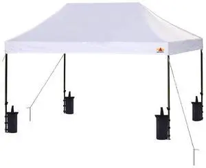 SereneLife 10x15 ft. Pop Up Canopy Tent, Commercial Instant Shelter, Waterproof Polyester, Portable with Wheeled Carry Bag & Sand Bags - SLGZ15W (White)