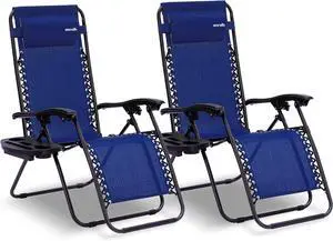 SereneLife Outdoor Adjustable Zero Gravity Lounge Chair Recliners, 2-Pack with Plastic Cup Holder Side Table and Padded Headrest Pillows - SLZGHBLU29 (Blue)