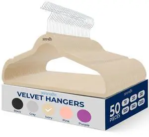 SereneLife 50-Piece Non-Slip Velvet Hangers with 360° Swivel Hook - SLHVELIVOR50 - Ivory
