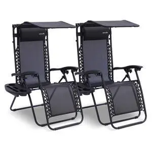 SereneLife Adjustable Zero Gravity Lounge Chair Set with Canopy, Side Table & Pillow - SLZGCVZX49 - 2 Pack (Black)