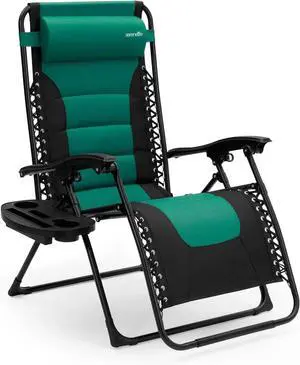 SereneLife Adjustable Padded Zero Gravity Lawn Chair with Side Table & Pillow - SL1ZGRCP36 - Green and Black