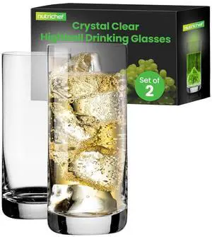 NutriChef 2-Piece Highball Drinking Glass Set - NGLCP42 - 14.2oz Crystal Tall Tumblers