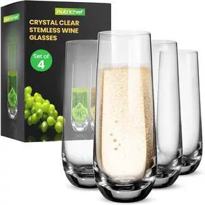 NutriChef 9.4oz Crystal-Clear Stemless Wine Glass 4pc Set - NGLSTM63