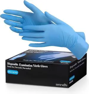 SereneLife 100 Pcs. Soft Industrial Gloves, Large Disposable Nitrile Gloves, Latex Free, Puncture Resistant, Non-Sterile, Textured Grip, Ideal for Automotive, Household, Food Service, Cleaning