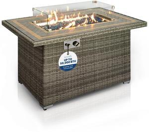 SereneLife Outdoor Propane Fire Pit Table- 50,000 BTU Auto-Ignition Gas Fire Pit w/Glass Wind Guard, Mosaic Tiles Tabletop & Clear Glass Rock for Outdoor Cooking & Grilling