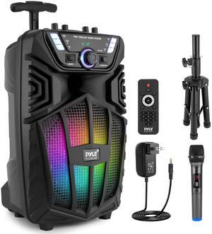 Pyle 480W Portable Bluetooth PA Speaker with Speaker Stand  8" Rechargeable Outdoor Karaoke Speaker System w/Wireless Mic, Wheels, TWS, Party Lights, LED Display, 6.5mm Mic Input, FM/AUX/MP3/USB/SD