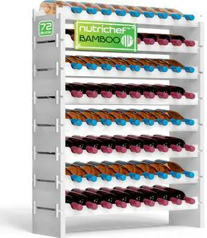 NutriChef Bamboo Stackable Wine Rack, 8-Tier 72 Bottle Capacity Wine Racks Free Standing Floor, No Tools Assembly, Modular Storage Display Shelf for Kitchen and Cellar 33.5" x 10" x 42", White