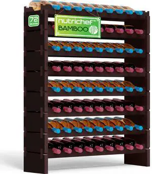 NutriChef Bamboo Stackable Wine Rack, 8-Tier 72 Bottle Capacity Wine Racks Free Standing Floor, No Tools Assembly, Modular Storage Display Shelf for Kitchen and Cellar 33.5" x 10" x 42", Black