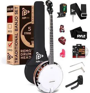 Pyle Banjo Kit with Remo Head and Sapele Resonator, 39" Full Size Traditional Open or Closed Back 5 String Instrument with 24 Brackets, Geared 5th Tuner, Premium Accessory Kit (Sun Burst)