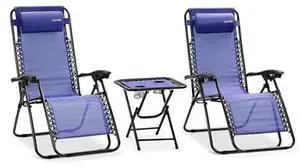 SereneLife Zero Gravity Chairs Set of 2 - Adjustable Outdoor Lounge Chairs with Side Table, Cup Holders, Removable Pillows, Folding Portable Camping Chairs for Patio, Backyard, Beach - Blue