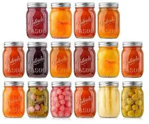 NutriChef 16-Pack 16 oz Mason Jars with Lids - Thick Glass Canning Jars with Stainless Steel Lids - Ideal for DIY Spices, Meal Prep, Overnight Oats, Jelly, Jam, Honey, Candles, Crafts, & More