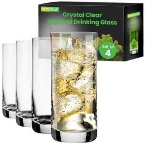 Nutrichef 4 Piece Highball Thick Base Drinking Glasses-14.2Oz, Crystal Clear Tall Glasses for Water, Juice, Liquor, & Cocktail, Long Kitchen Glass for Bar, Restaurant, & Home