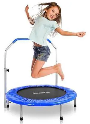 SereneLife 36" Mini Foldable Toddler Trampoline with Handle Bar, Rebounder Trampoline for Kids, Indoor/Garden Fitness & Play, Exercise Fun, Supports 220 lbs, Deep Blue