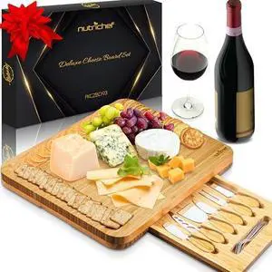 NutriChef 13" Round Bamboo Charcuterie Board SetExtra Large Organic Cheese Platter with Magnetic Sliding Lid, 6 Stainless Steel Knives & Forks, and Premium Gift Box