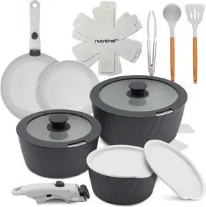 18-Piece Stylish Kitchen Cookware Set - Ceramic Nonstick Pots & Pans with Detachable Handles (Gray)