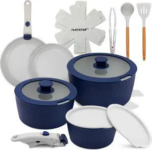 18-Piece Stylish Kitchen Cookware Set - Ceramic Nonstick Pots & Pans with Detachable Handles (Blue)