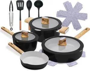 Kitchenware Pots and Pans - 14-piece Non-Stick Ceramic Induction Cookware Set with Glass Lid and Heat Resistance Lacquer with Handle (Black)