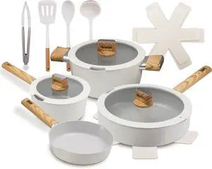 Kitchenware Pots and Pans - 14-piece Non-Stick Ceramic Induction Cookware Set with Glass Lid and Heat Resistance Lacquer with Handle (Beige)