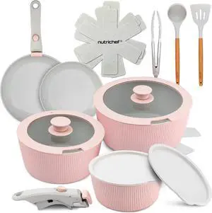 18-Piece Stylish Kitchen Cookware Set - Ceramic Nonstick Pots & Pans with Detachable Handles (Pink)