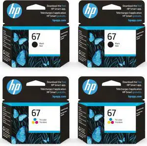 HP 67 Black, Tri-color Ink Cartridges (4-pack) | Works with DeskJet 1255, 2700, 4100 Series, ENVY 6000, 6400 Series