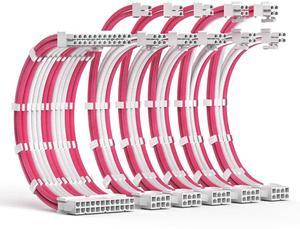 PSU Cable Extension Kit 30CM Length with Cable Combs,1x24Pin/2x8Pin(4+4) EPS/3x8Pin(6P+2P) PCI-E/PC Sleeved Cable for ATX Power Supply,Pink/White