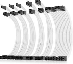 AsiaHorse 16AWG Pro Power Supply Sleeved Cable, White Power Supply Extension Cable Dual EPS Kit, 1x24-PIN/ 2x8-PORT (4+4) M/B,3x8-PORT (6+2) PCI-E, 30cm Length with 2 Set of Combs