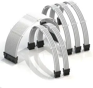 LINKUP - AVA 30cm PSU Cable Extension Sleeved Custom Mod GPU PC Braided w/Comb Kit - Compatible with RTX3090 | 1 x 24 P (20+4) | 2 x 8 P (4+4) CPU | 3 x 8 P (6+2) GPU Set | 300mm - White