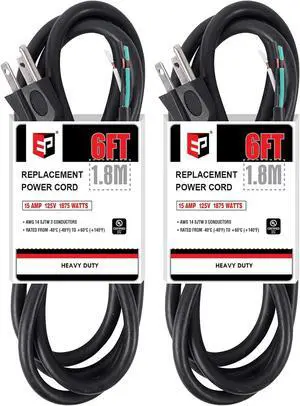 EP 2 Pack 6 ft 14/3C SJTW Appliance and Power Tool Cord, 14 Gauge 3 Prong Heavy Duty Replacement Power Supply Cord Cable, 110V 115V 120V AC Pigtail, 15A, 1875w
