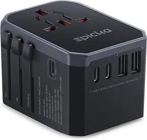 EPICKA Universal Travel Adapter, International Power Adapter with 2 USB-A & 3 USB-C Ports Wall Charger - Worldwide Travel Essentials, European Travel Plug Adapter for UK/US/AU (TA-105C, Black)