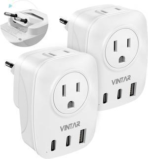 2 Pack European Travel Plug Adapter, VINTAR Foldable International Power Plug with 2 AC Outlets 3 USB Ports(2 USB C), Type C Travel Essentials Charger for US to Most of Europe EU Italy Spain France