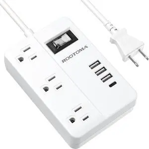 2 Prong Power Strip with USB-C, ROOTOMA 2 Prong to 3 Prong Outlet Adapter, 1080J 2 Prong Surge Protected with 3 Outlet & 4 USB, 3 Prong Adapter 4ft, for Polarized Two Prong Outlet, Old House, White