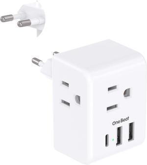 1 Pack European Travel Plug Adapter, Italy Spain Power Plug Adapter with 3 Outlets 3 USB Charging Ports(1 USB C), Type C Plug Adapter Travel Essentials to Most Europe EU Spain Italy France Germany