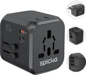 EPICKA 35W Universal Travel Adapter with 2 AC Outlet, European Travel Plug Adapter with PD Fast Charging, 6-Port (2 AC/2 USB-C/3 USB-A) International Power Adapter - Travel Essentials (TA-205, Black)