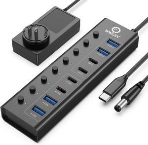 USB 3.0 Hub, 8 in 1 Powered USB Hub Adapter with 2 USB-A 3.0 Ports, 2 USB-C Data Ports, 4 Charging Ports, 65W Power Adapter, Individual On/Off Switches, USB Hub Splitter for Laptop/PC